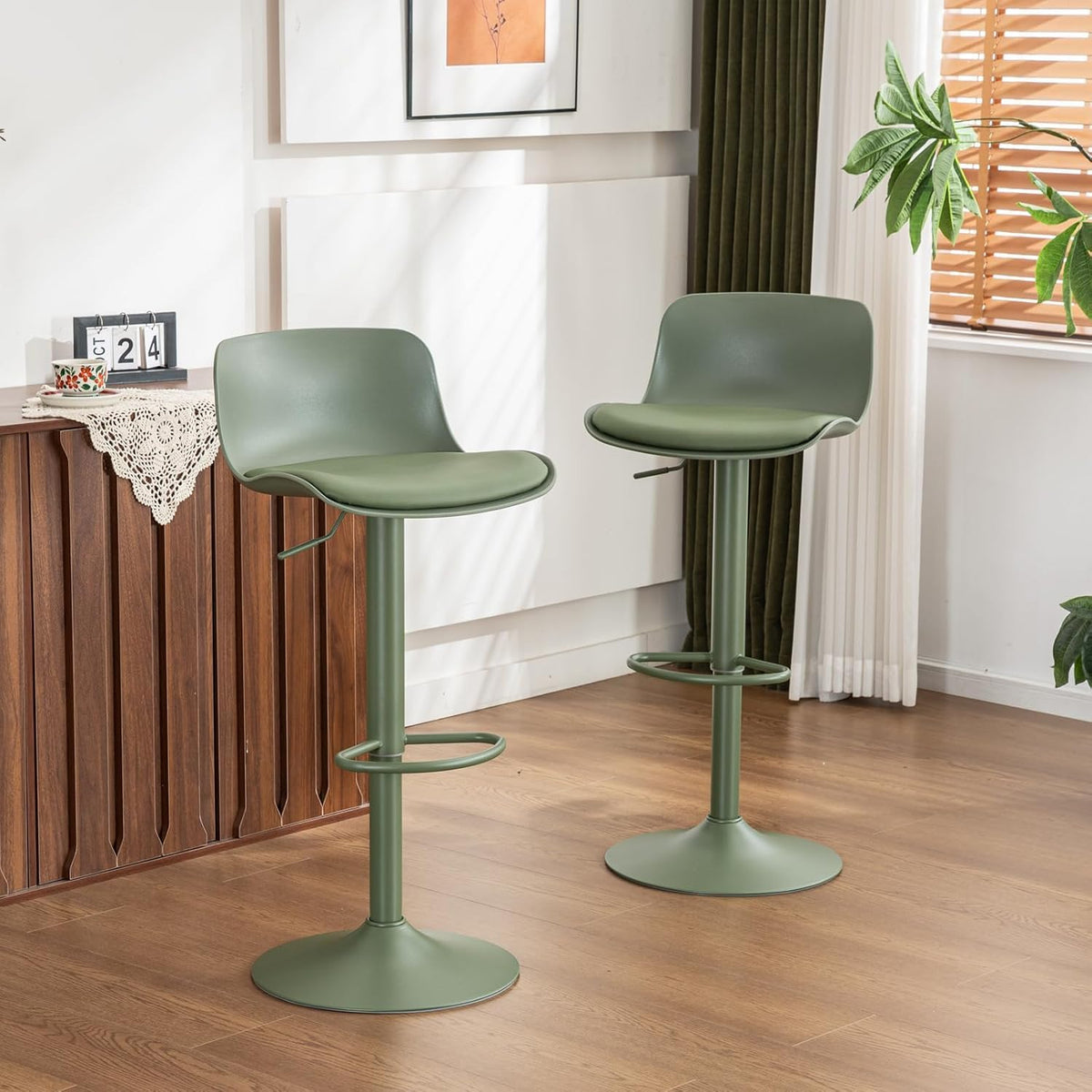 YOUNIKE Barkruk groene barstoelen set van 2, bar kruk in hoogte verstelbare draaistoel, keukenstoelen toonstoel met rugleuning, hoge barkruk voor bar keuken