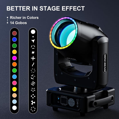Mini 230W 7R Beam Moving Head podiumlicht met RGB lichtring 13 kleuren 14 patronen party verlichting koplamp voor disco club live show bar bruiloft Kerstmis podiumtechniek