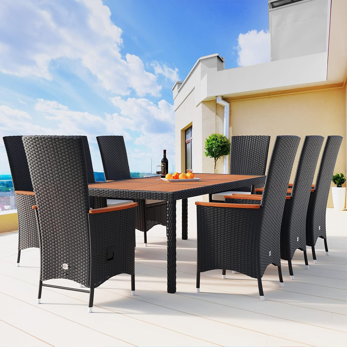 Casaria Polyrattan Garden Set Acacia 8 Chairs incl. 7cm Cushions Adjustable Backrest 190x90cm Garden Table Weatherproof Garden Chair Lounge Set - QUORE