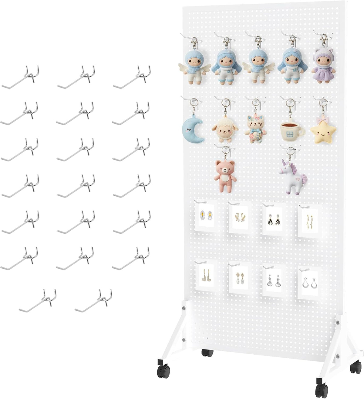 Pegboard Displaystandaard – Pegboard Standaard – Displayrek – Verkoopdisplay – Pegboard Paneel – Wit Vrijstaand Metalen Ontwerp – 60 x 33 x 120 cm Inclusief 20 Haken