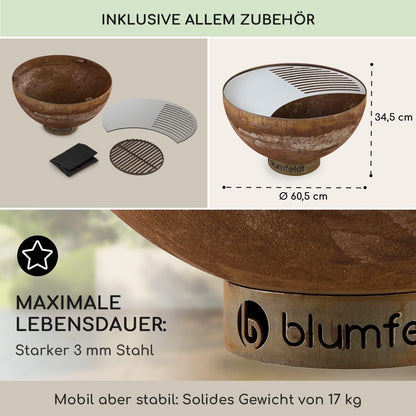 Blumfeldt Savage vuurschaal met grillrooster, Ø 60,5 cm, vorst- en waterbestendig, brandstof: brandhout of houtskool, staal, incl. bescherming tegen weersinvloeden, klein, roest