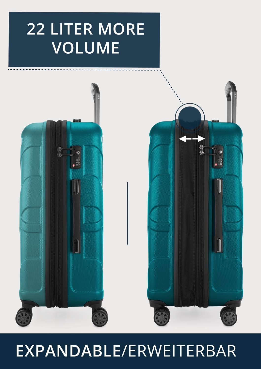 Suitline Middelgrote koffer 66 x 44 x 27 cm ABS harde schaal uitbreidbaar (58-68 L) met TSA slot 4 dubbele wielen telescopische handgreep reiskoffer, Wit