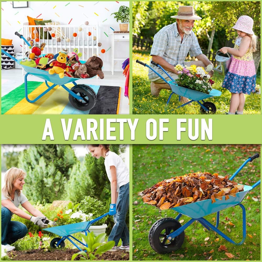 Kruiwagen - Kruiwagen voor Kinderen - 5 Stuks - Tuinset - met Schop - Hark - Vork - Kinderhandschoenen - Lichtgewicht - Gemakkelijke Assemblage - Duurzaam - Metaal - 73.6 x 35.5 x 43 cm - Blauw