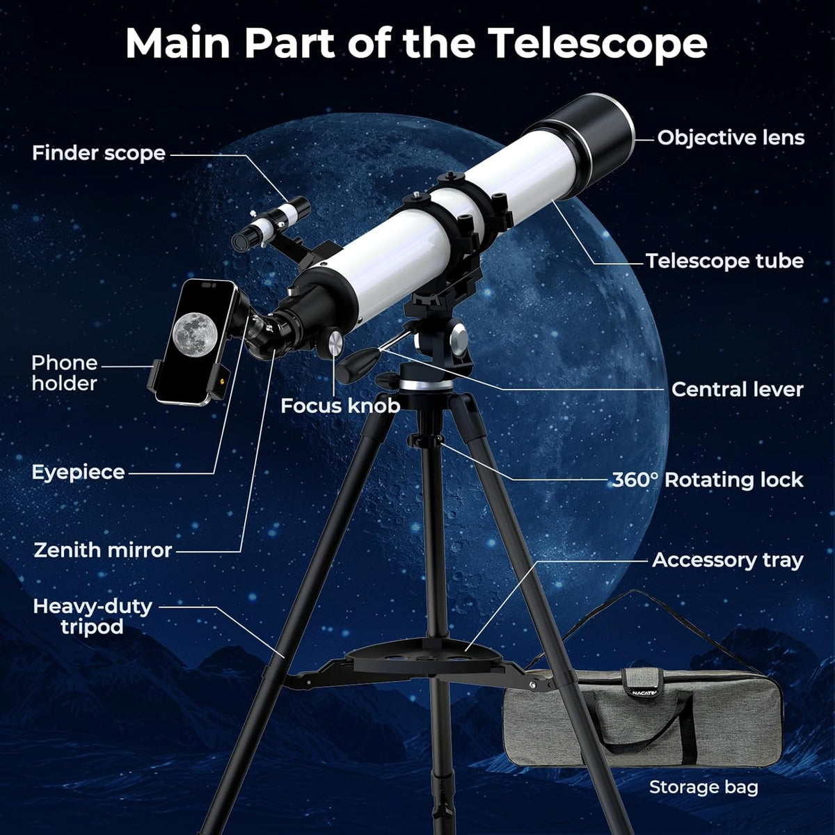 FAMIROSA Telescoop voor volwassenen astronomie, 90 mm diafragma 900 mm refractortelescopen voor kinderen en beginners, vergroting 36X-270X, met telefoonadapter, statief en draagtas (wit)