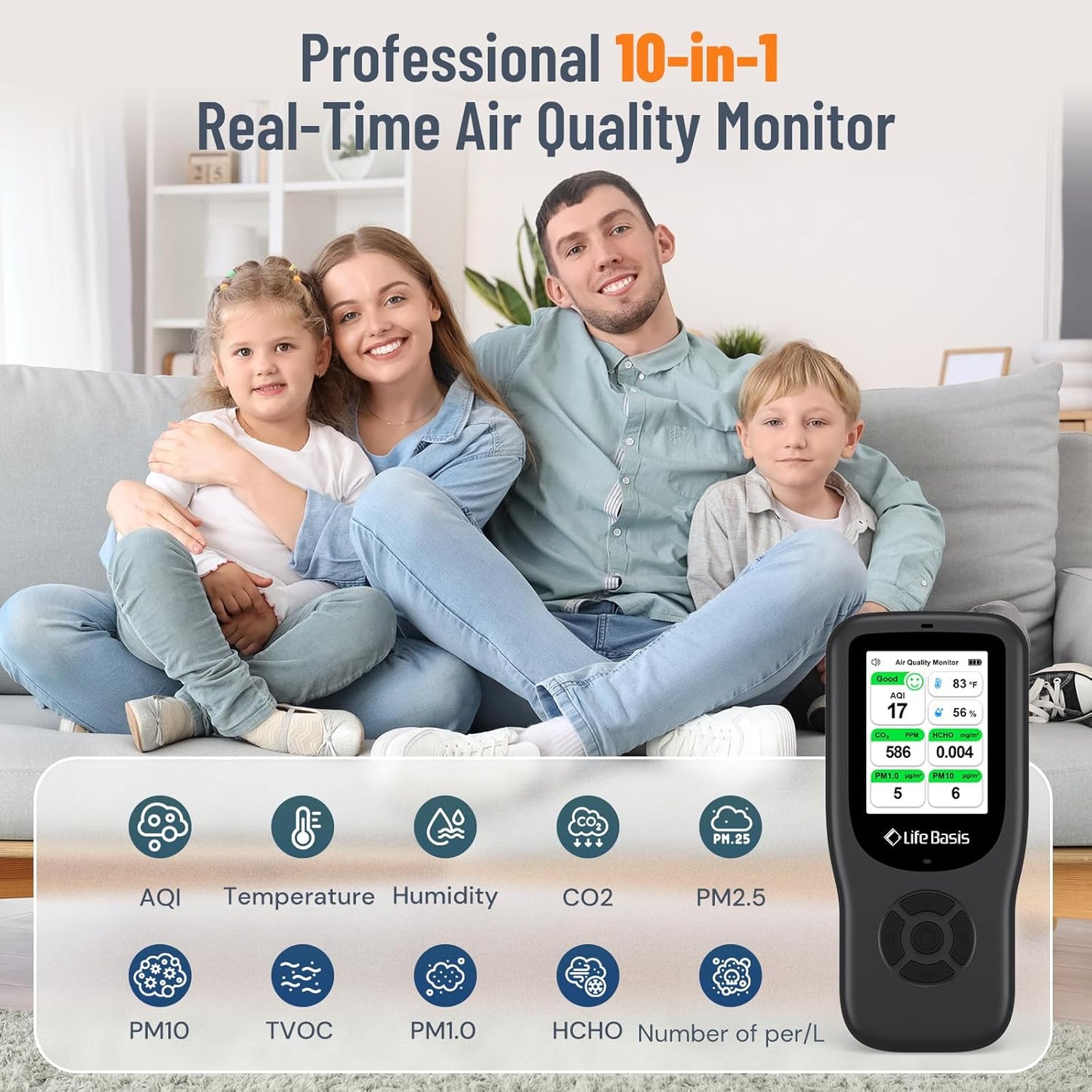 LifeBasis 10-in-1 luchtkwaliteitsdetector, formaldehyde-detector, AQI-vervuilingsmonitor met temperatuur en luchtvochtigheid, voor het testen van PM2.5/PM10/HCHO/TVOC/CO2, USB-opladen, voor thuis en