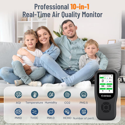 LifeBasis 10-in-1 luchtkwaliteitsdetector, formaldehyde-detector, AQI-vervuilingsmonitor met temperatuur en luchtvochtigheid, voor het testen van PM2.5/PM10/HCHO/TVOC/CO2, USB-opladen, voor thuis en