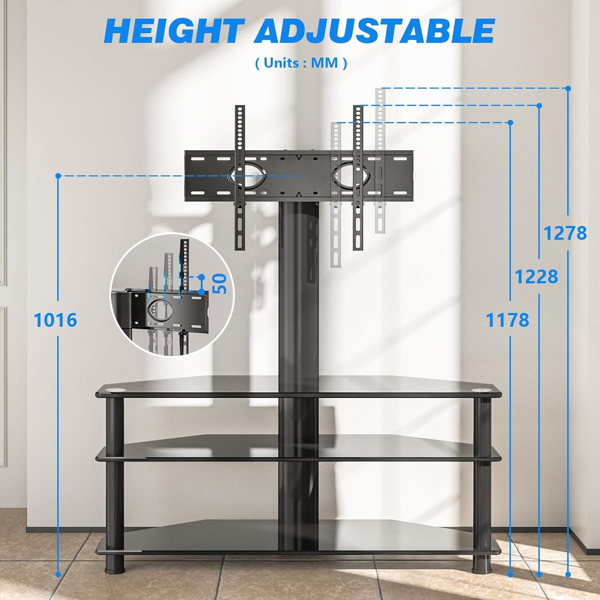 Rfiver Tv-rek, glas, televisietafel, tv-standaard voor 32-70 inch televisie, ± 45 graden draaibaar en in hoogte verstelbaar, tv-hoekkast, meubel, tv-kast met 3 planken van gehard glas, max. 50 kg