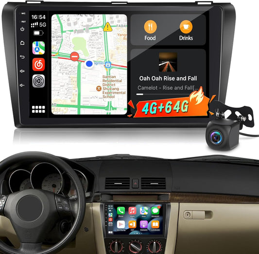 4G+64G Android Autoradio voor Mazda 3 2003-2009 met 1280 * 720 Touchscreen, 9 Inch Radio met Draadloze CarPlay & Android Auto, 32EQ DSP, WiFi, GPS, FM RDS, Bluetooth 5.0, SWC+Achteruitrijcamera