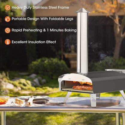 Mimiuo buitenoven op hout en pellets voor in de tuin, klassieke W-oven met zwarte coating, met pizzasteen en opvouwbare pizzaschil.