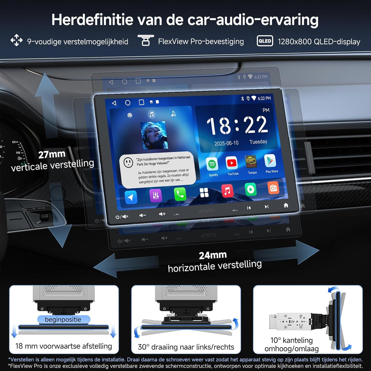 10,1 inch 2 DIN & 1 DIN Adaptieve Autoradio, Draadloze CarPlay & Android Auto, WiFi/BT/USB Tethering, 24-bands EQ, Achteruitrijcamera, HD LRV, 2G+32G