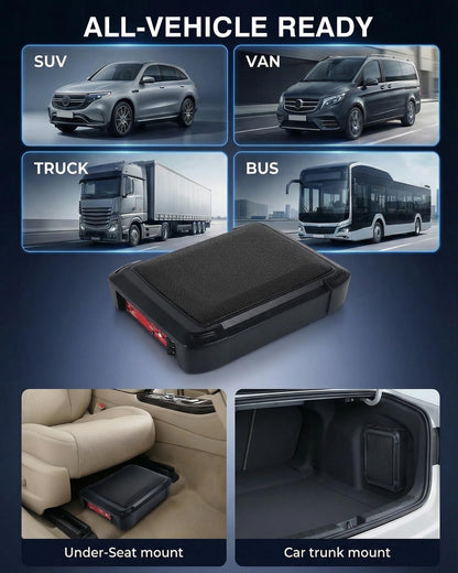 Ultraflache auto-subwoofer, geschikt voor auto/vrachtwagen, met geïntegreerde versterker, te monteren onder de stoelen, maximale vermogen 1000 W, compacte subwoofer.