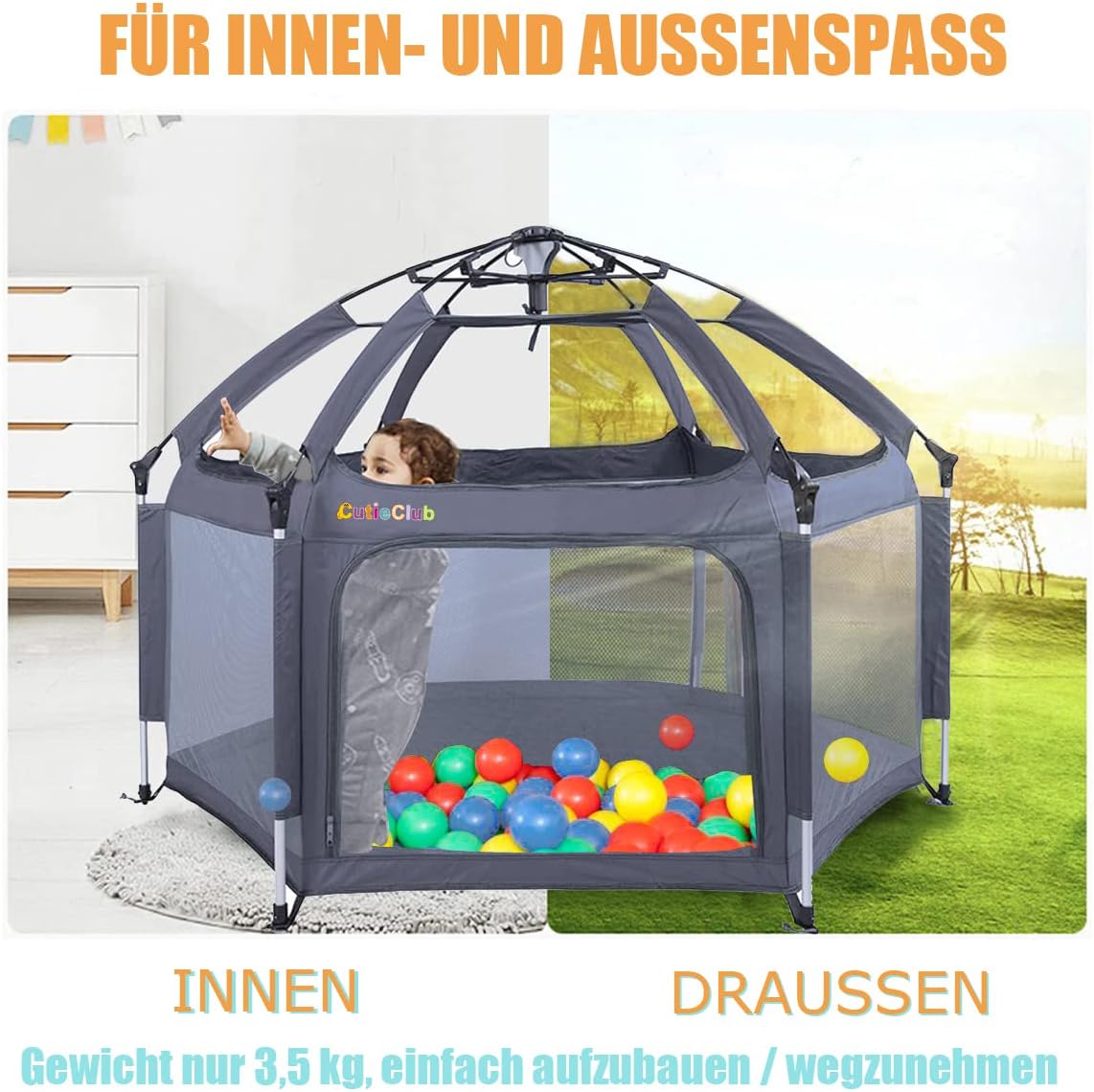 Foldable Baby Playpen with Mattress, Square, Play Playpen with Anti-UV Canopy, Travel Box with Carry Bag, for Home, Garden, Beach, Outdoor, Grey - QUORE