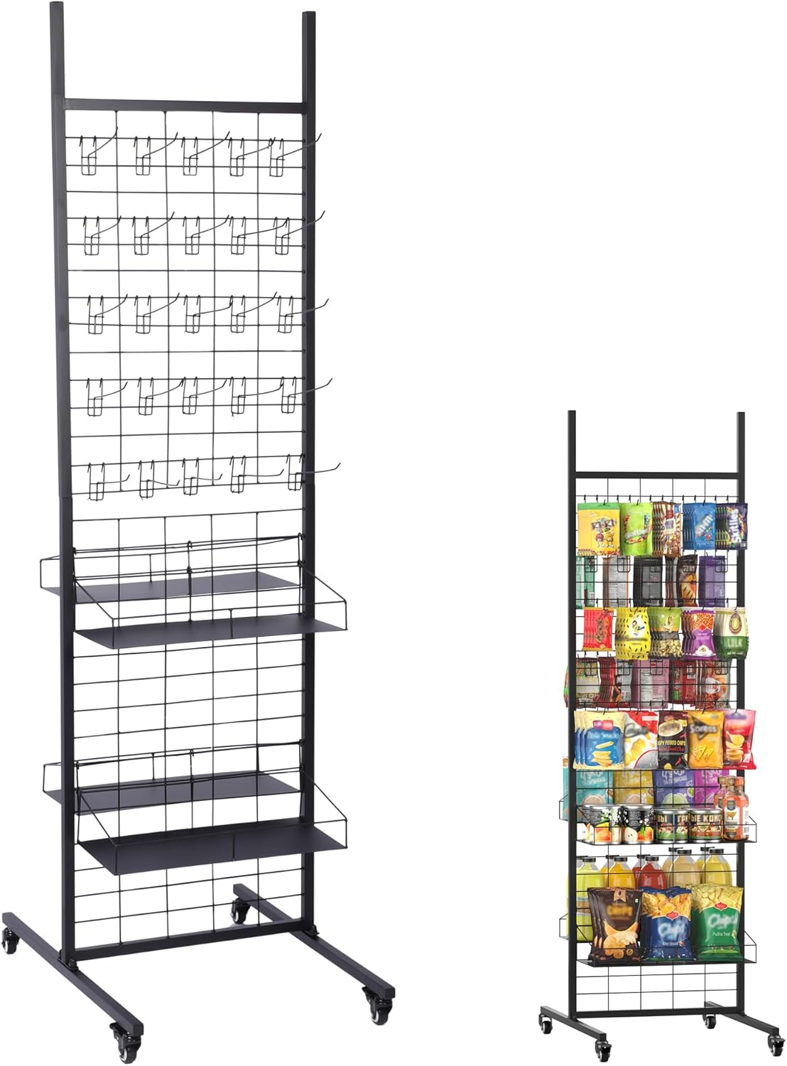 Pegboard displaystand – Displayrek – Winkelrek – Presentatierek – Displaystandaard – Zwart, vrijstaand model met wielen – Inclusief 50 haken en 4 planken – 70 x 51 x 178 cm