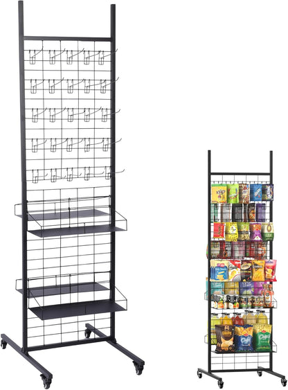 Pegboard displaystand – Displayrek – Winkelrek – Presentatierek – Displaystandaard – Zwart, vrijstaand model met wielen – Inclusief 50 haken en 4 planken – 70 x 51 x 178 cm
