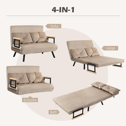 2-zits Slaapbank – Bedbank – Sofa Bed – Logeerbed – Loveseat – Verstelbare Rugleuning 5 standen – Stevig Stalen Frame – Lichtbruin Polyester