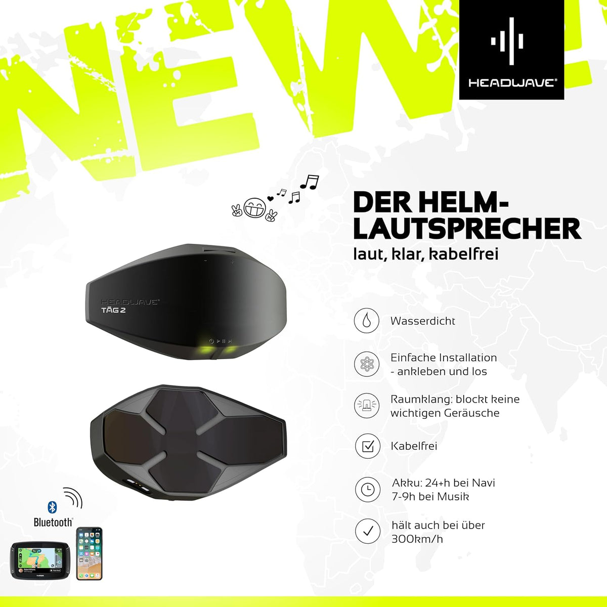 Headwave HeadwaveTAG-002 Bluetooth-luidspreker voor motorhelmen, muziek en navigatieberichten, headset, geluidssysteem, luid en megageluid