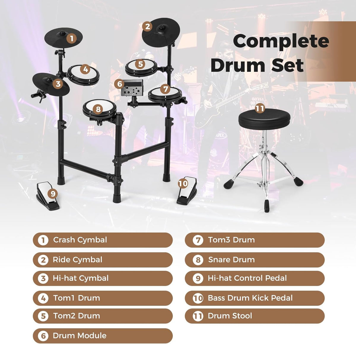 FANTASK Elektronische drumsets, opvouwbaar met mesh-pads, 150 geluiden en 10 demo's, metronoom en USB MIDI, 2 pedalen en 2 drumsticks, 7-delig e-drumstel voor kinderen, volwassenen
