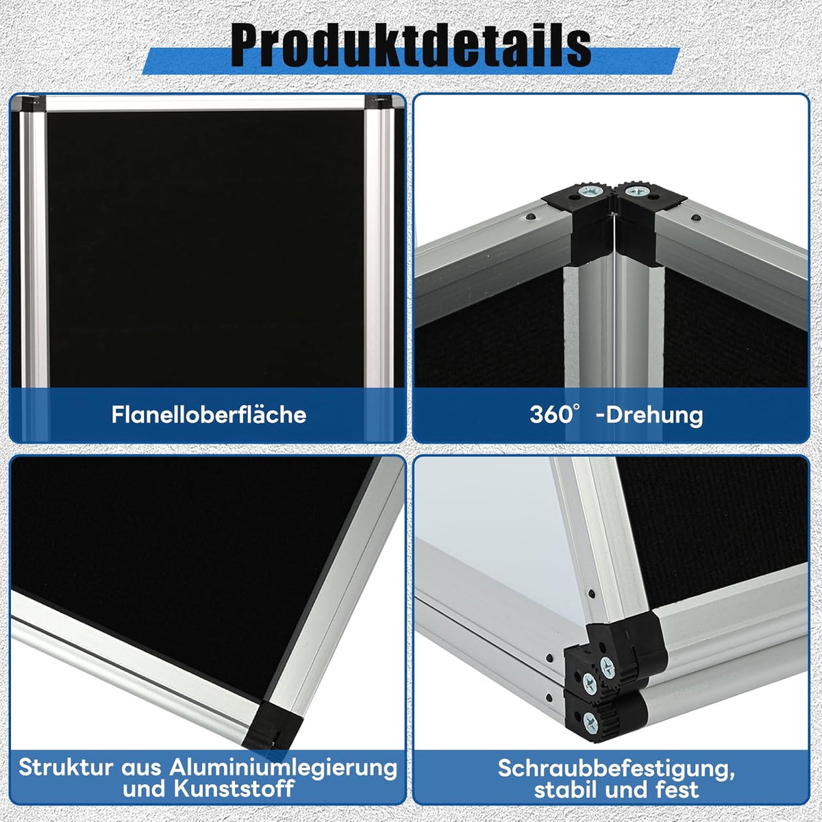 Presentatiebord, 3 + 1 paneel, groot opvouwbaar presentatiebord, 180 x 90 cm, drievoudig gevouwen presentatiebord, display voor beurzen, tafeldisplays, zwart, 180 x 90 cm