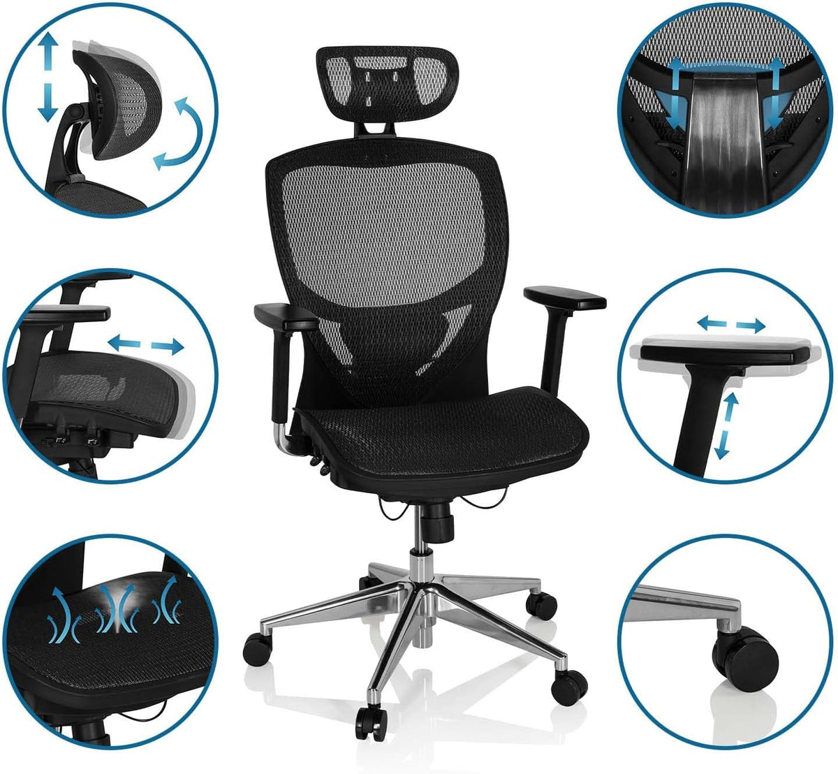 hjh OFFICE 657000 bureaustoel, directiestoel, VENUS ONE netstof, zwart, ergonomische flexibele lendensteun, hoog zitcomfort, draaistoel, ergonomisch, verstelbare armleuningen, bureaustoel