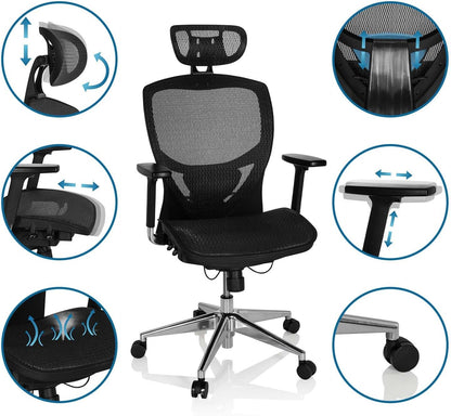 hjh OFFICE 657000 bureaustoel, directiestoel, VENUS ONE netstof, zwart, ergonomische flexibele lendensteun, hoog zitcomfort, draaistoel, ergonomisch, verstelbare armleuningen, bureaustoel