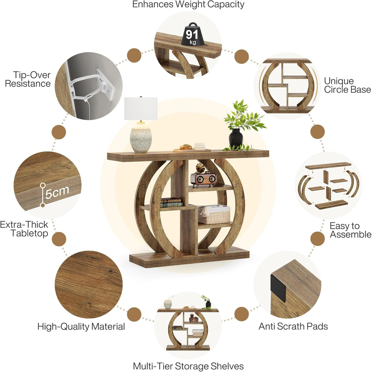 Tribesigns Console Table 108 cm, 4 Step Sofa Table, Entrance Table with Circle Base, Wooden Accent Tables with Storage, Shelves for Living Room, Hallway, Foyer, Light Oak Brown