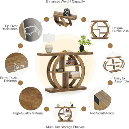 Tribesigns Console Table 108 cm, 4 Step Sofa Table, Entrance Table with Circle Base, Wooden Accent Tables with Storage, Shelves for Living Room, Hallway, Foyer, Light Oak Brown