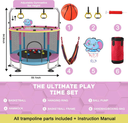 Trampoline voor kinderen, 150 cm, voor binnen en buiten, 200 kg verstelbaar, met basketbalmand en behuizing, cadeau voor jongens en meisjes