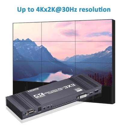 Video Wall Controller 3x3, TV Wall Processor, 4K @30Hz HDMI multi-screen Splicing Processor met HDMI + DVI + USB C input, ondersteuning 13 displaymodi 3x2 2x3 2x2 4x2 2x4 enz