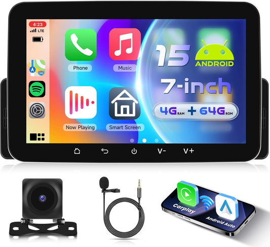 VECHTEL 4G + 64G Android 15 autoradio 1 DIN met Carplay Android Auto draadloos, Carplay autoradio met touchscreen, 7 inch HD IPS, ondersteuning Bluetooth 5.0, FM-radio, RDS GPS, wifi, link, spiegel