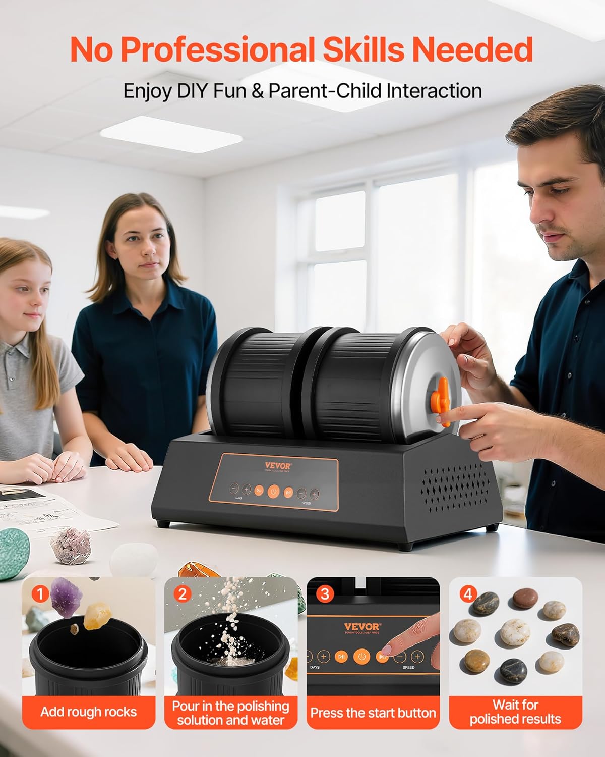 VEVOR Stenen Polijstvat 3,6 kg Capaciteit 4 Speed Stenen Polijstmachine 9 Dagen Timer Dubbele Vat met Adapter voor Pro's en Amateurs Werkplaats DIY