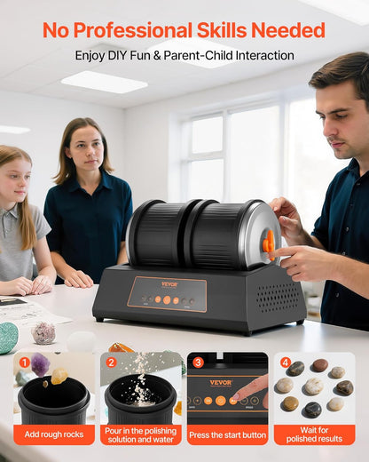 VEVOR Stenen Polijstvat 3,6 kg Capaciteit 4 Speed Stenen Polijstmachine 9 Dagen Timer Dubbele Vat met Adapter voor Pro's en Amateurs Werkplaats DIY