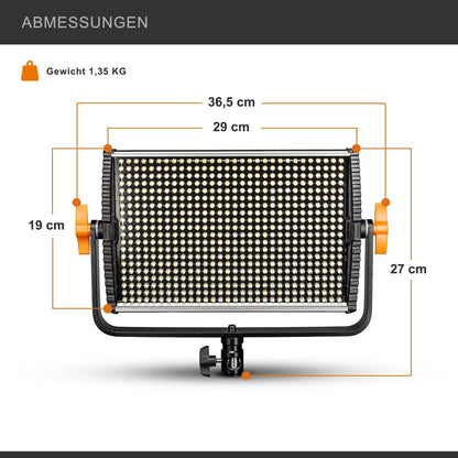 Walimex pro Niova 600 Plus Daylight Led-videolamp, continu licht, 36 watt, 600 leds, dimbaar, 5600 K, 4.350 lumen, CRI ≥ 97 Ra, DMX + afstandsbediening, 2 x NP-F-accusleuven + voeding