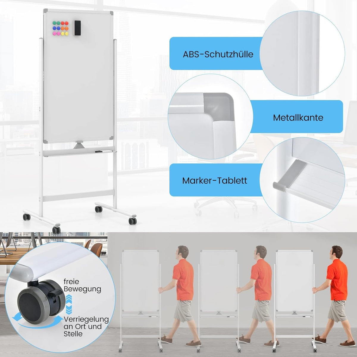 FANTASK Dubbelzijdig mobiel whiteboard, 60 x 100 cm, in hoogte verstelbaar magnetisch whiteboard met wieltjes, standaard en pennenbakje, incl. accessoires voor school, kantoor, thuis (wit)