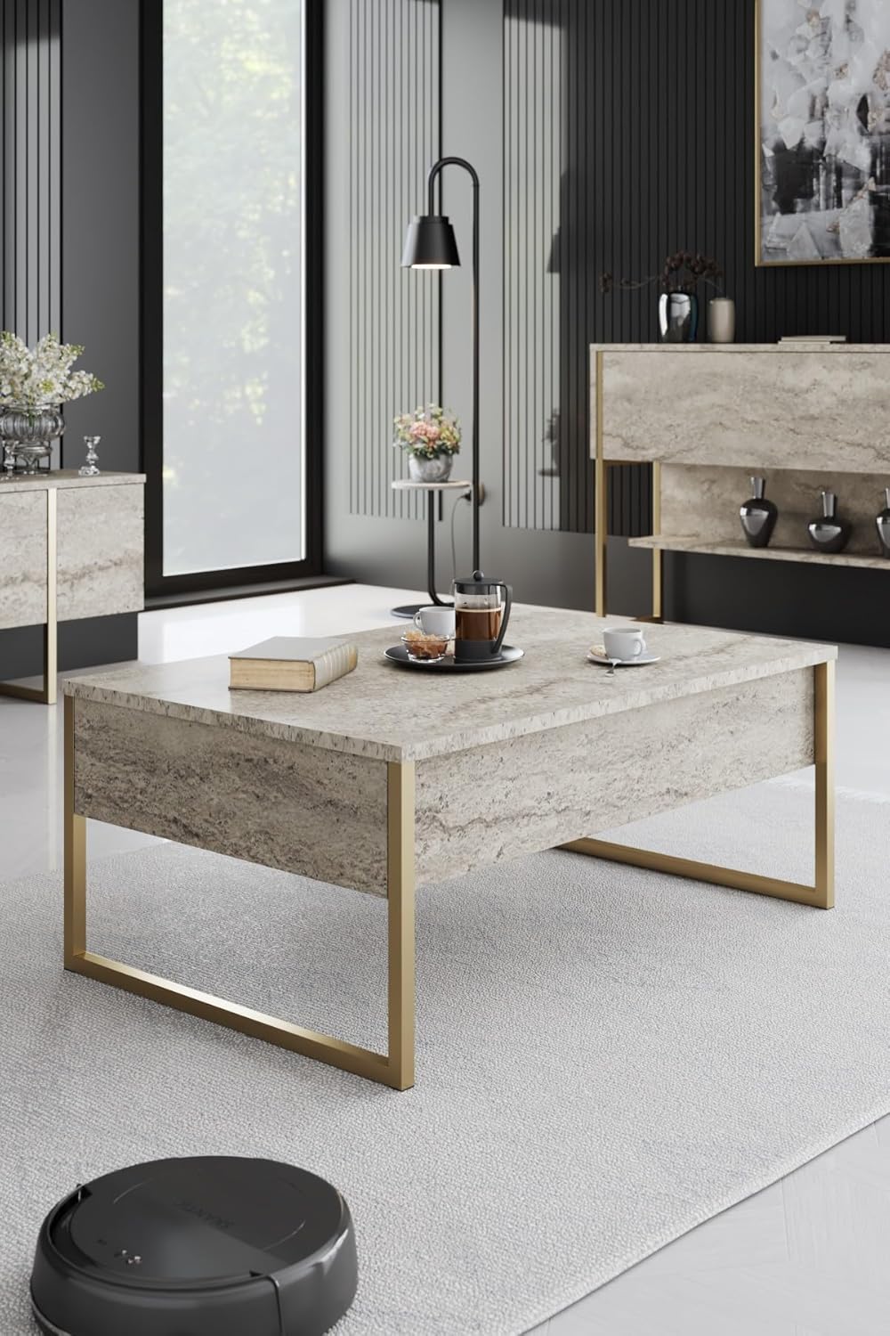 Hanah Home Elegant koffietafel, travertine en goud, 90 x 60 x 40 cm, 100% melamine gecoat deeltjesbord, 18 mm dik, stevige metalen poten, modern marmerdesign