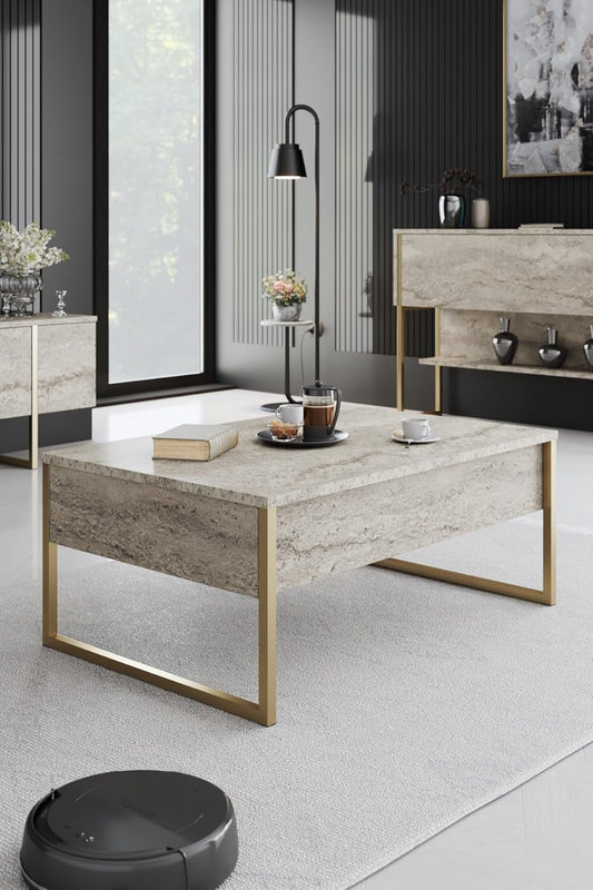Hanah Home Elegant koffietafel, travertine en goud, 90 x 60 x 40 cm, 100% melamine gecoat deeltjesbord, 18 mm dik, stevige metalen poten, modern marmerdesign