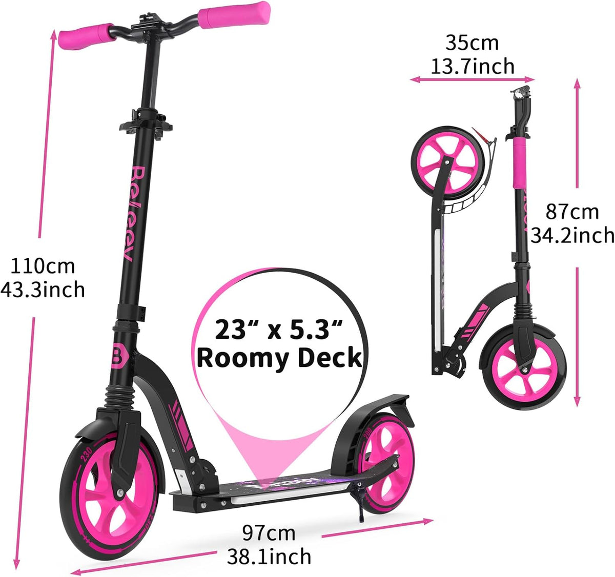 BELEEV V10 Big Wheel Scooter voor kinderen vanaf 6 jaar, met oplichtend dek, opvouwbare scooter met 2 wielen voor volwassenen en tieners, 5 verstelbare hoogte, lichtgewicht sport forenzen scooter met