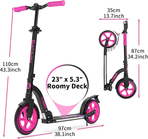 BELEEV V10 Big Wheel Scooter voor kinderen vanaf 6 jaar, met oplichtend dek, opvouwbare scooter met 2 wielen voor volwassenen en tieners, 5 verstelbare hoogte, lichtgewicht sport forenzen scooter met