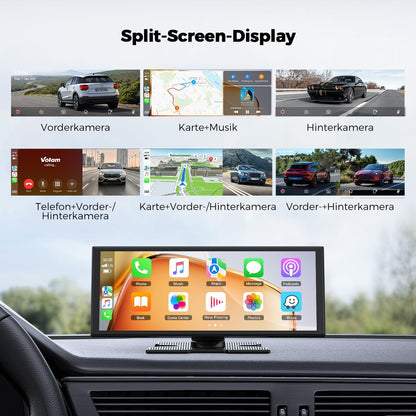 10,25" Draadloos Carplay-scherm Voor Auto Met 2,5K + 1080P Dashcam En Achteruitrijcamera Ondersteunt AppIe Carplay En Android Auto Draagbare Carplay Spraakassistent Mirrorlink Navigatie Bluetooth AUX