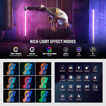 NEEWER TL60 RGB videoverlichting, RGBWW draagbare led-videolamp voor fotografie, lichtstaaf met 2,4 G app-besturing/DMX, 7 pixeleffecten, 18 scènes, 2500 K-10000 K TLCI98+, batterij 3000 mAh