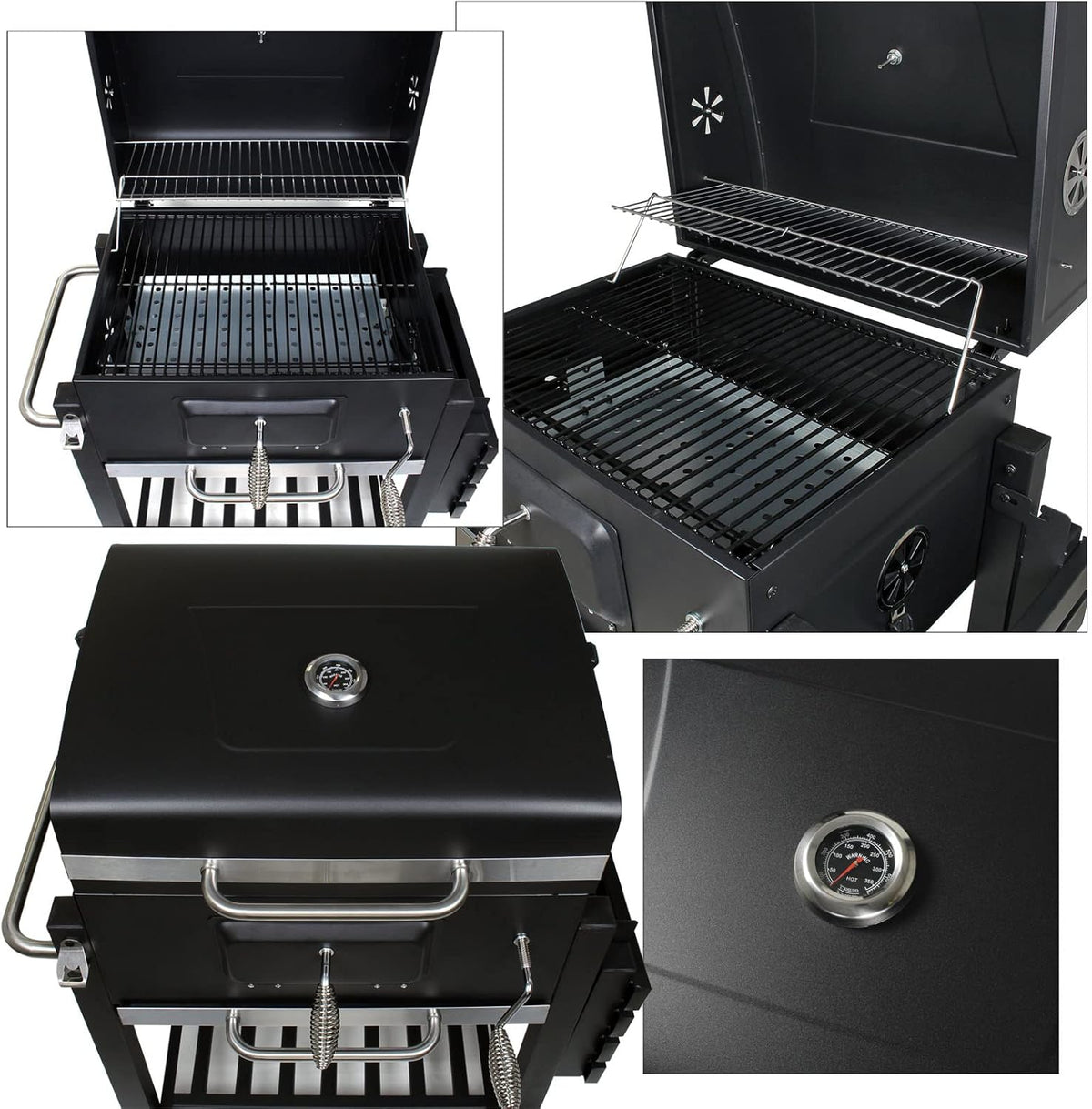 Wiltec barbecue trolley met deksel, houtskool BBQ met legplank en brandklep, grillwagen op wielen met hoogteverstelling inclusief thermometer