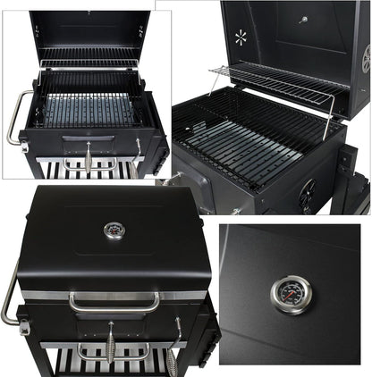 Wiltec barbecue trolley met deksel, houtskool BBQ met legplank en brandklep, grillwagen op wielen met hoogteverstelling inclusief thermometer