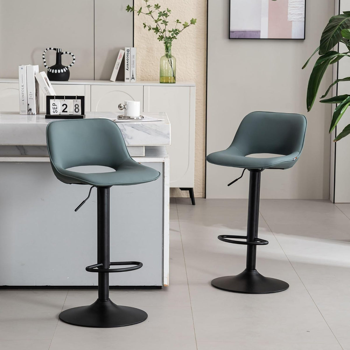 YOUNIKE Barkruk set van 2, barstoelen, barkruk, in hoogte verstelbaar, draaistoel, keukenstoelen, toonstoel met holle rugleuning, hoge barkruk voor bar keuken, grijsgroen