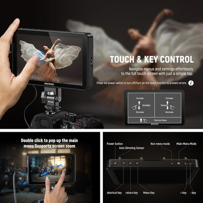 NEEWER F700 7 inch veldmonitor voor camera, 2000nit HD 1920 x 1080 IPS touchscreen 3D LUT, Loop in/out HDMI 4K Peak Focus DSLR Video Assist HDR Waveform, ColdShoe, 2 accu's NP-F750, reinigingsdoek