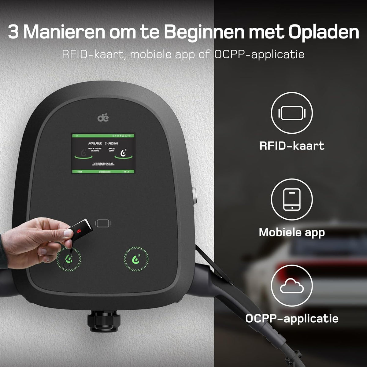 dé Dual-Cable Wallbox 2×22kW [6-32A, 3-Fase] EV Oplader met Twee Type 2 Stopcontact 22kW met APP, RFID en OCPP-protocollen, Wallbox 22kW Gelijktijdig Opladen van Twee Auto’s, voor BEV/PHEV.