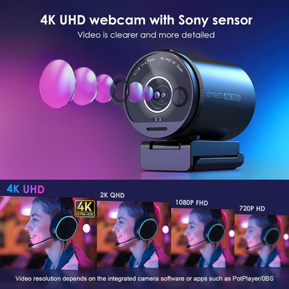 EMEET 4K webcam S800, HD 1080p webcam voor pc met microfoon, TOF autofocus, lichtcorrectie, 65°-88° gezichtsveld, privacyafdekking, plug & play, webcam voor Mac, laptop, zoom, Skype, teams