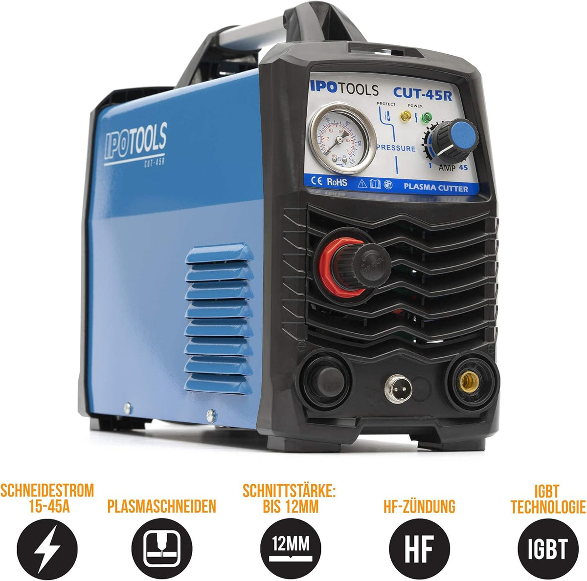 IPOTOOLS Plasmasnijder CUT-45R Plasmasnijder, 45A tot 12 mm snijvermogen, inverter, lasapparaat, plasma-snijder met IGBT/HF-ontsteking, blauw, 230 V
