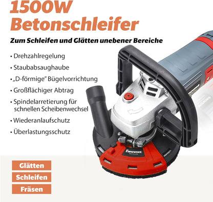 FANZTOOL Betonschuurmachine, betonfreesset met diamantslijpkop en afzuigkap (1500W/125 mm+)