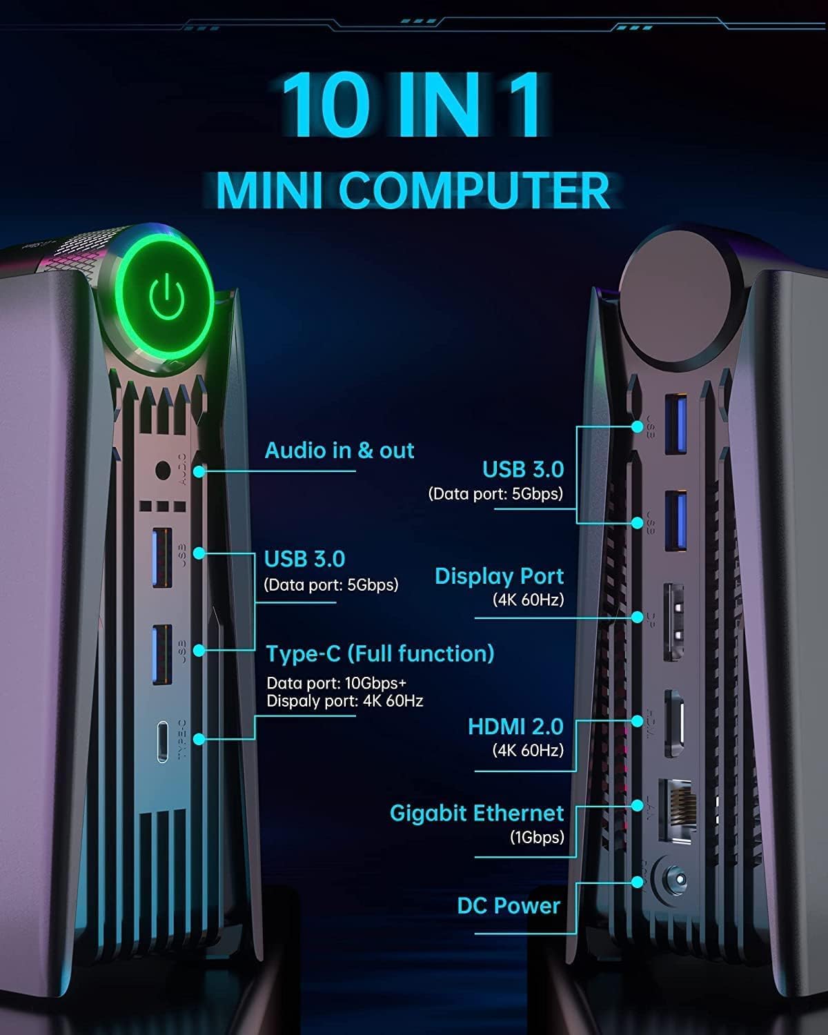 ACEMAGICIAN HISTTON Mini-pc, AMD Ryzen 5 5600U (tot 4,2 GHz), 16 GB DDR4, 512 GB SSD M.2 met 3-modi-aanpassing, HDMI/DP/Type-C/RGB Micro desktopcomputer