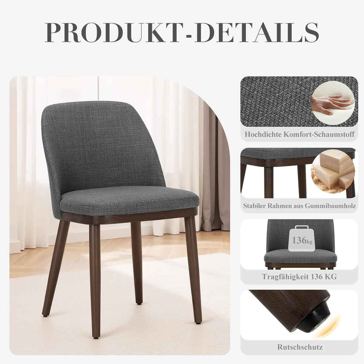 COLAMY Set van 4 gestoffeerde eetkamerstoelen, moderne keukenstoelen met rugleuning, stoffen stoel met houten poten voor eetkamer, keuken, restaurant, lichtgrijs