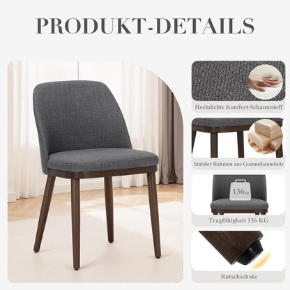 COLAMY Set van 4 gestoffeerde eetkamerstoelen, moderne keukenstoelen met rugleuning, stoffen stoel met houten poten voor eetkamer, keuken, restaurant, lichtgrijs